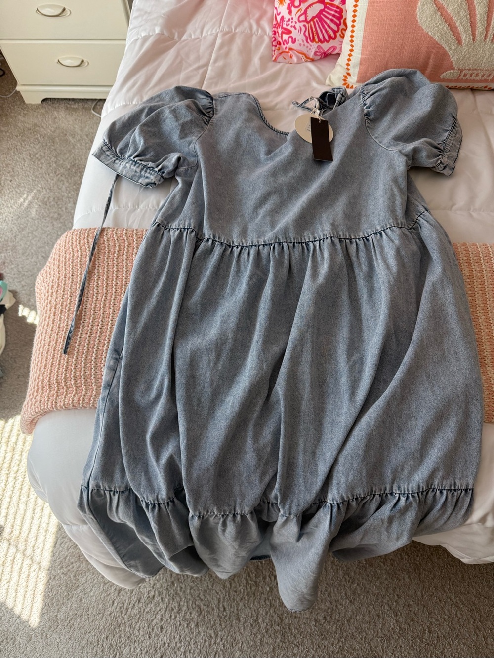 Light Blue Puff-Sleeve Denim-Style Dress
